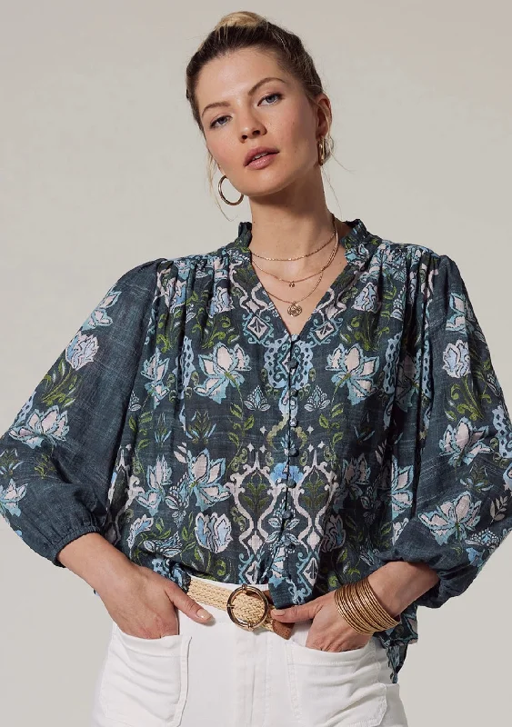 Lucca Blouse - Indigo Multi Sweetheart Neck Blouse
