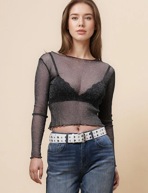Ladies Solid Color Blouse See Sheer Layring Top SKT4939 Wrap Front Blouse