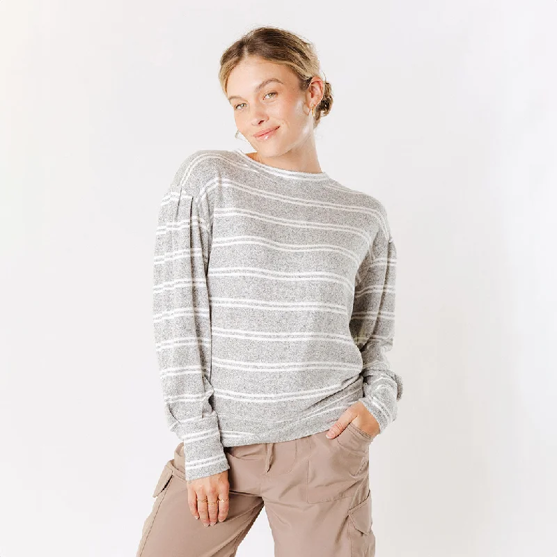 Long Sleeve Sweater, Grey and White Stripe Front Pockets Side Pockets Patch Pockets