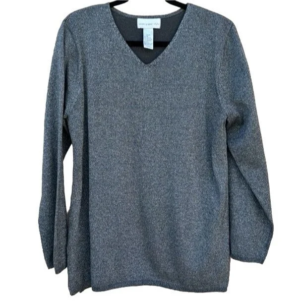 Susan Graver Style V Neck Long Sleeve Gray Glitter Metallic Lightweight Sweater Chenille Blend Fleece Blend Nylon Blend Susan Graver Style V Neck Long Sleeve Gray Glitter Metallic Lightweight Sweater Chenille Blend Fleece Blend Nylon Blend