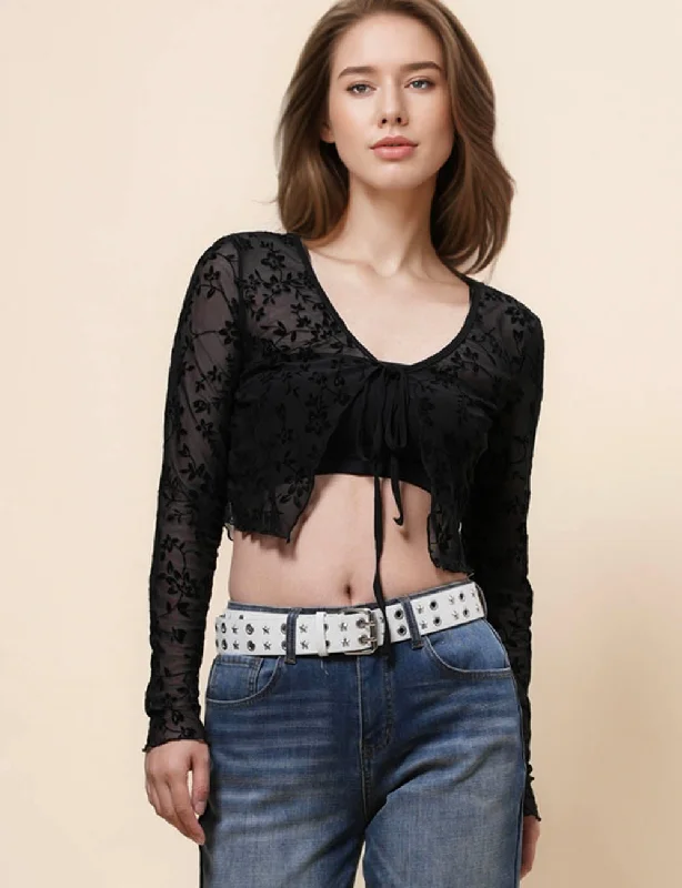 Ladies Floral See Sheer String Tie Mesh Blouse SKT4996 Chic Wrap Blouse