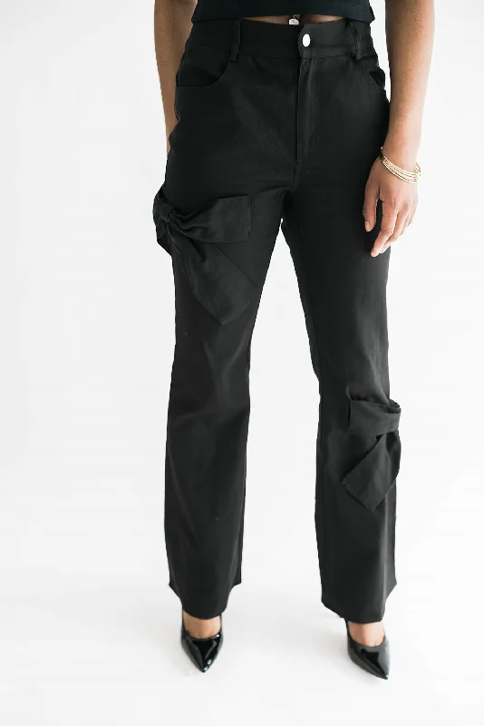 Haddy Bow Detail Flare Jeans In Black Trendy Pleated Waist Jeans