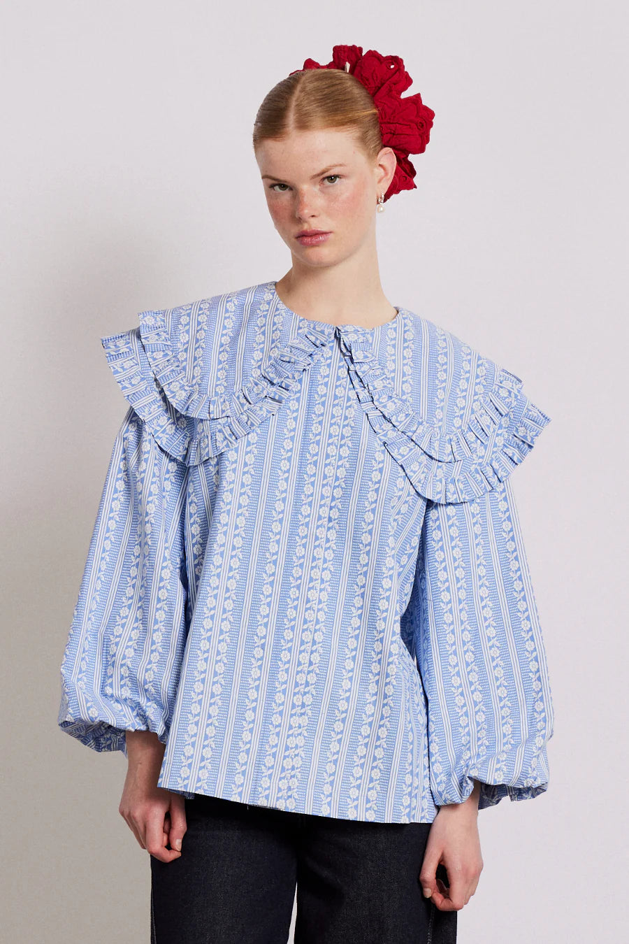 Lois Double Collar Blouse Blue Floral Elegant Embroidery Blouse