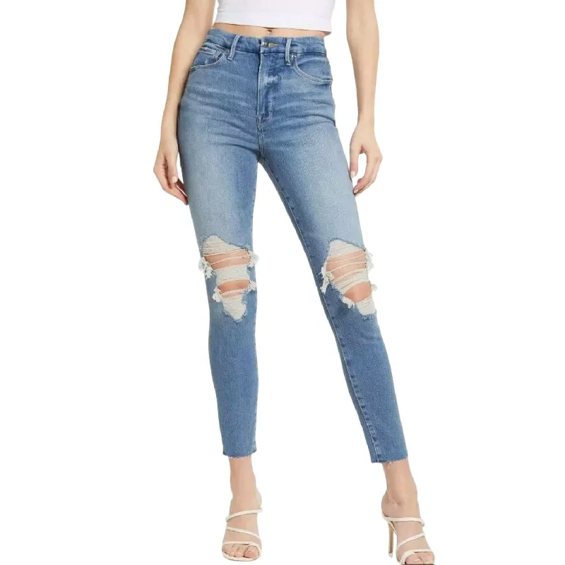 Women's Good Waist Jeans In Indigo Comfortable Distressed Straight-Leg Jeans