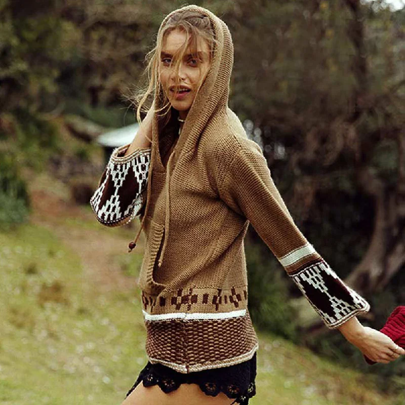 2017 chic boho winter knitted women sweater pullovers ethnic embroidered Nine point sleeve loose Hippie Bohemia Hooded sweaters Cable Knit Ribbed Knit Lace Knit