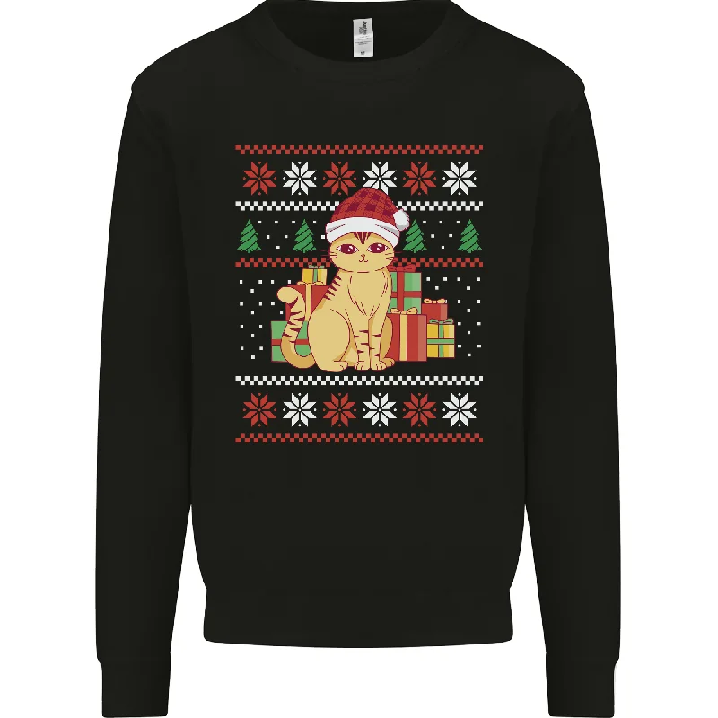 A Cute Christmas Cat With Presents Xmas Mens Sweatshirt Jumper Hoodie with Hem Detail Decorative Unique A Cute Christmas Cat With Presents Xmas Mens Sweatshirt Jumper Hoodie with Hem Detail Decorative Unique
