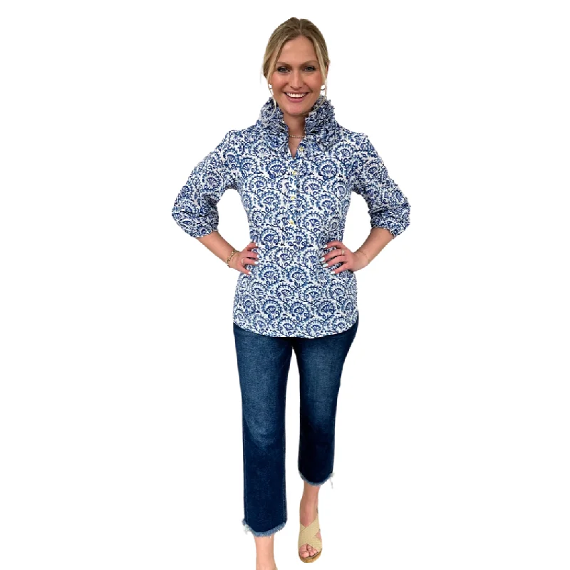 The Maria Ruffle Neck Cotton Blouse in White Blue Hand Blocked Floral Smart Casual Blouse The Maria Ruffle Neck Cotton Blouse in White Blue Hand Blocked Floral Smart Casual Blouse