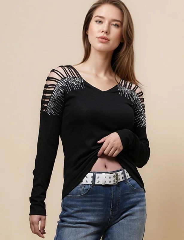 Ladies Shinny Rhinestone Daily Layring Top Blouses SKT4817 Playful Puff Blouse