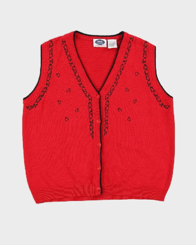 Red Knitted Button Up Sweater Vest - L Iron Safe Non-Iron Wrinkle Free