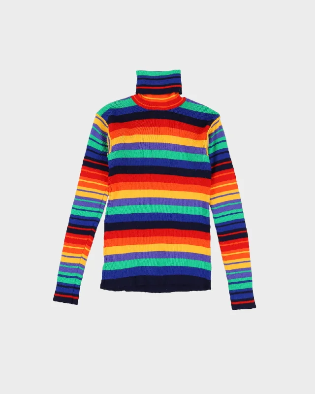 Vintage 1980s Stripy Roll Neck Knitted Jumper -XXS Slim Fit Regular Fit Oversized