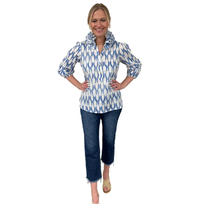 The Maria Ruffle Neck Cotton Blouse in Blue and White Ikat Casual Stripe Blouse