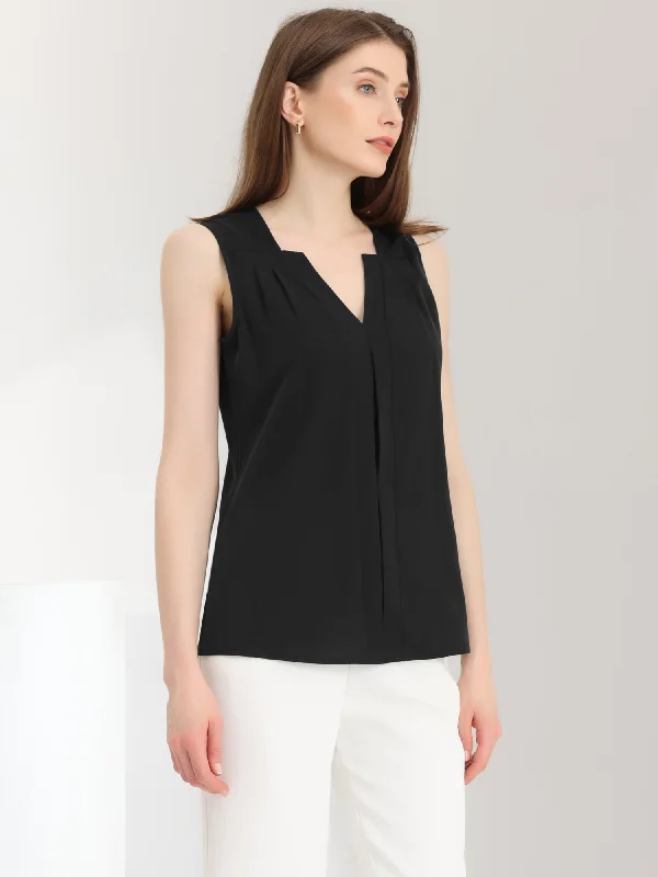 Sleeveless Work Top Pleated Chiffon V Neck Blouse Business Casual Blouse