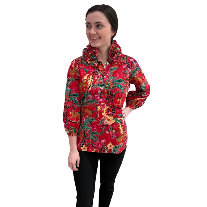 The Maria Ruffle Neck Blouse in Red Monkey Business Cotton Stylish Wrap Blouse