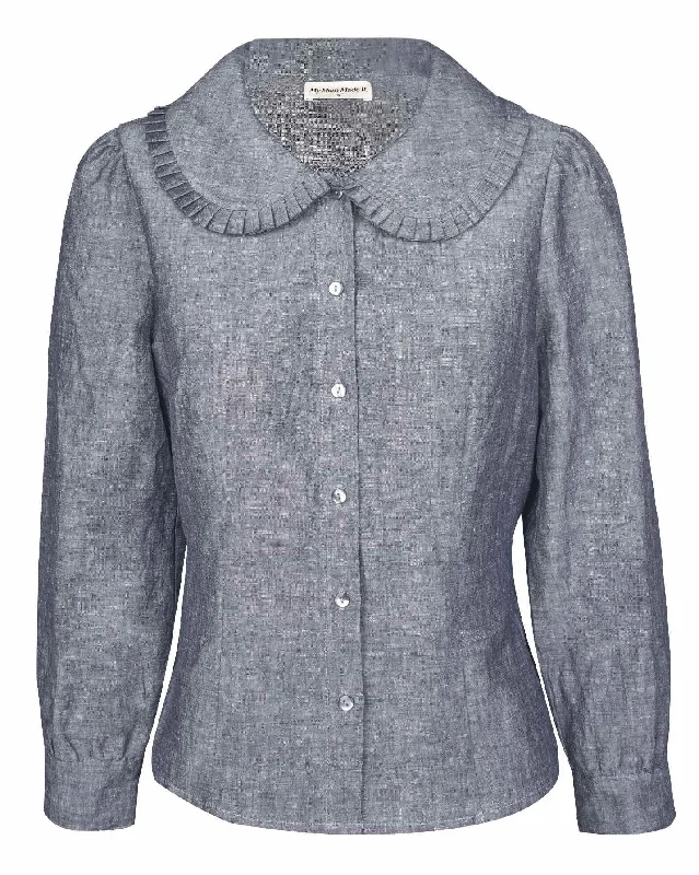 Nina Blouse - Denim Blue Satin Drape Blouse