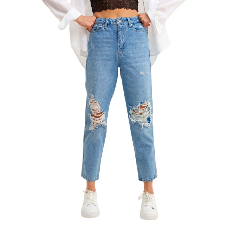 OXXO - Cotton Fit Denim Distressed Pants Comfy Zip-Up Pants