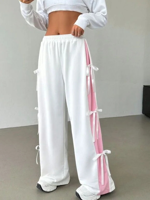 Women Elastic Waist Straight Wide Leg Loose Fit Side Ribbon Deisgn Sweat Joggers Pant Trendy Tapered Pants