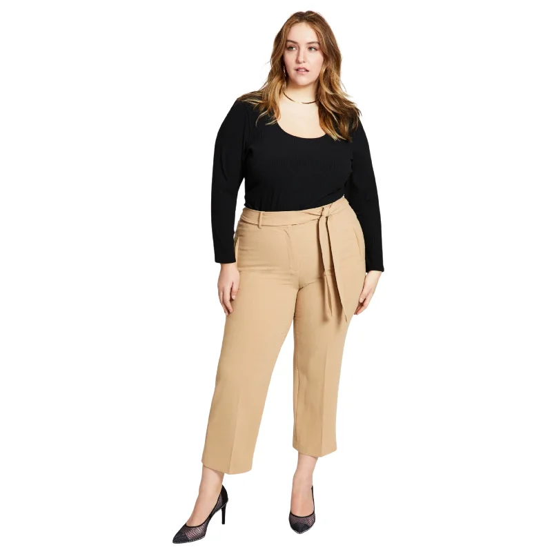 BAR III - Plus Size Belted Textured Crepe Pants Classic Bootcut Trousers