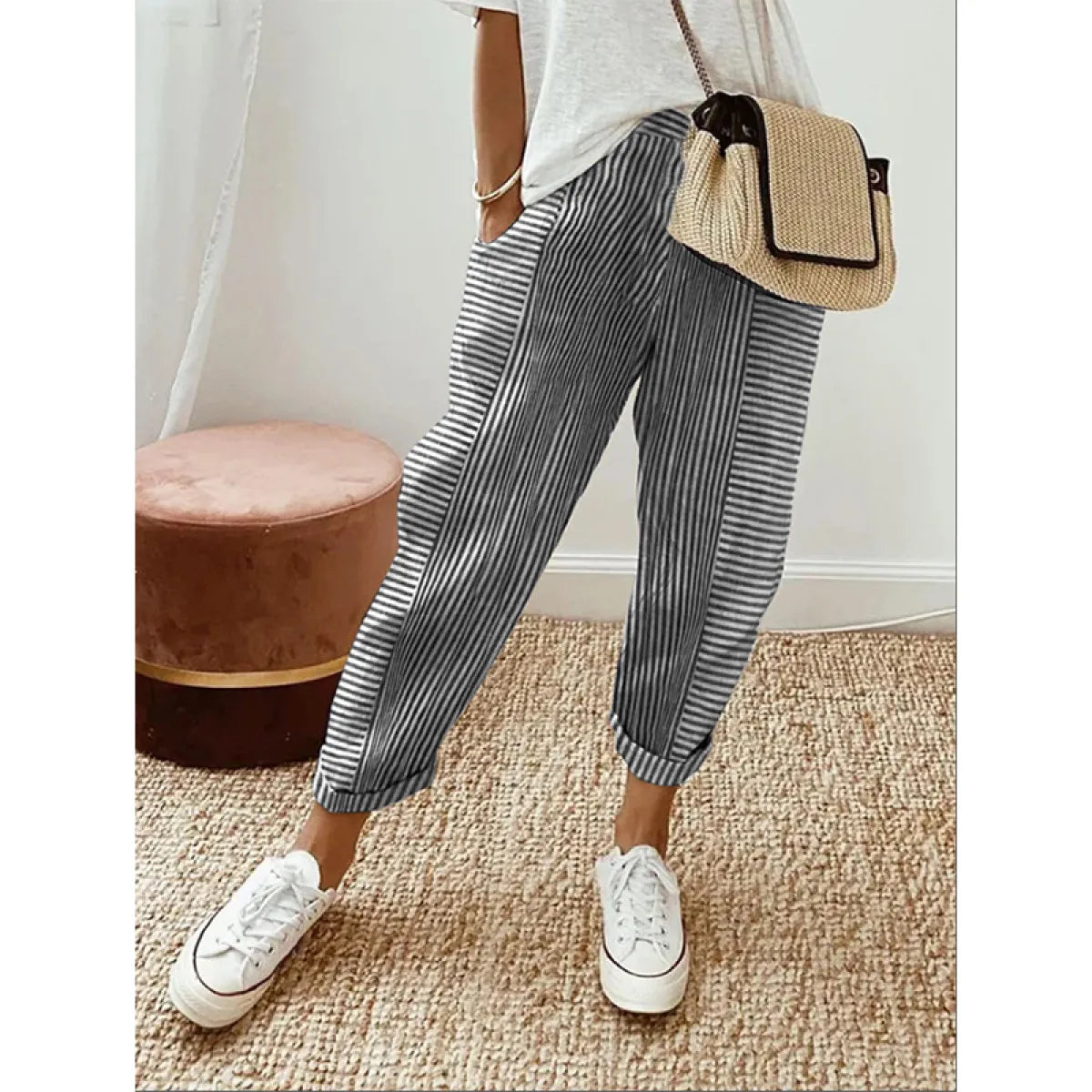 Women's Jacquard Stripe Loose Pants Stylish Elastic Waist Pants