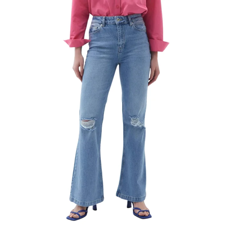 OXXO - Ultra High Rise Knee Cut Flared Denim Pants Trendy Wide-Leg Pants