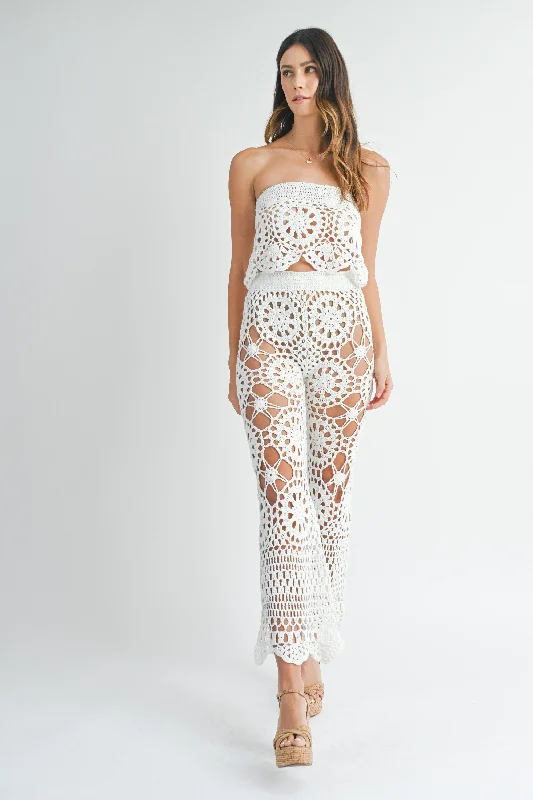 Crochet Knit Bandeau Top & Flare Pants Set Formal Wide-Leg Pants