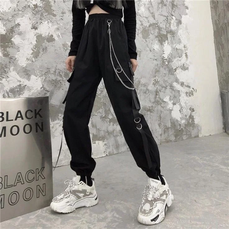 Women Black Gothic Techwear Cargo Pant Relaxed Fit Utility Casual Pocket Cargo Stylish Slim Trousers