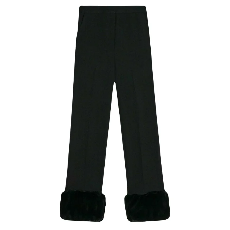 DANIELLE BERNSTEIN - Faux Fur Trim Slim Straight Leg Pants High-Waist Jogger Pants