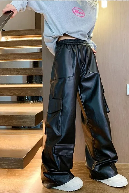 Aesthetic Black Vegan Leather Wide Leg Flap Pocket Vintage Elastic Waist Leather Pant For Women Slim-Fit Khaki Pants