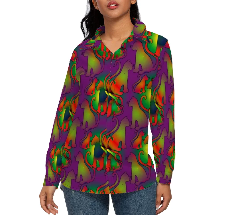 Abstract Rainbow Cats Custom All Over Print Women's Long Sleeves Shirt Mesh Blend Leather Blend Suede Blend