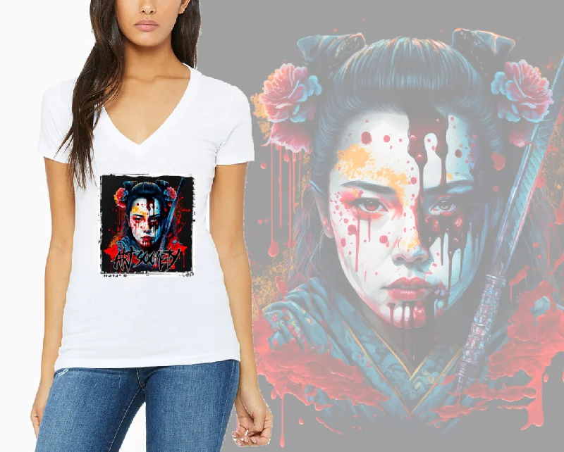 Art Society GEISHA WARRIOR VOL. 1 WOMENS V-NECK TEE WHITE Hooded Caped Shawl Collar