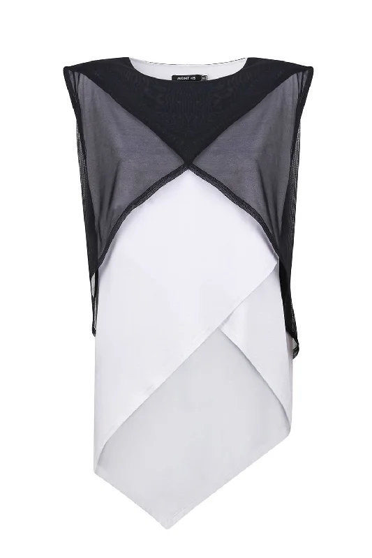 Asymmetrical white shirt with black mesh top Fashionable Trendy Casual