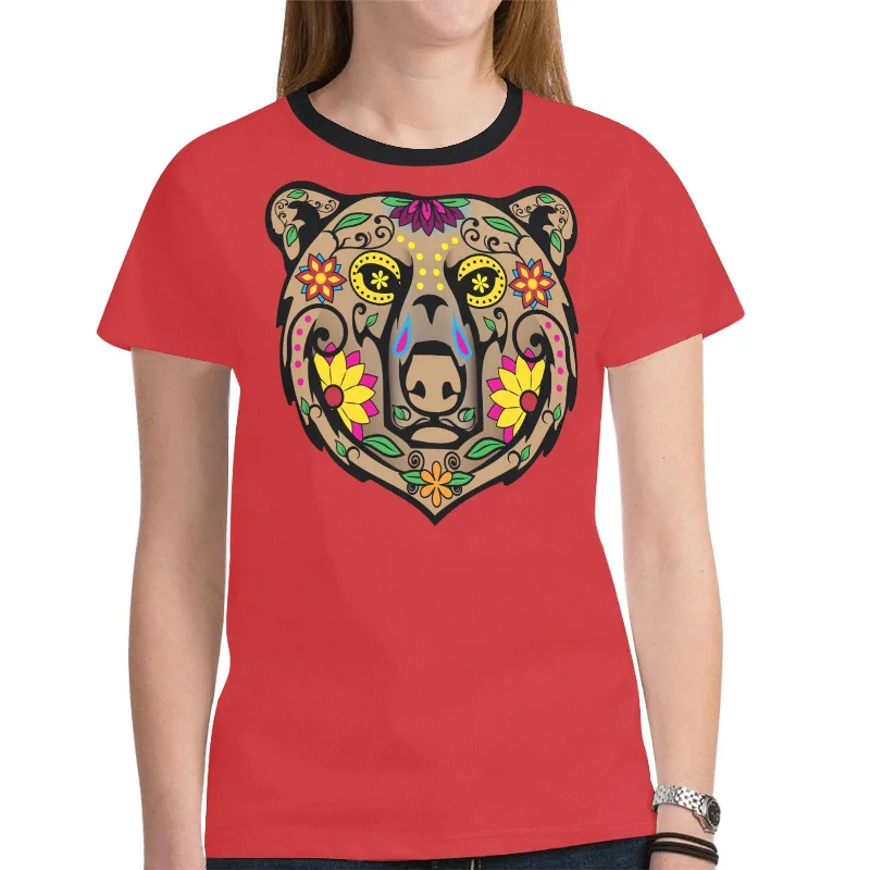 Bear Spirit Guide (Red) T-shirt for Women Zippered Front Buttoned Front Snap Front