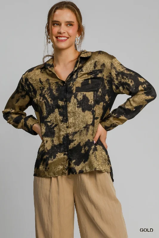 Collared Metallic Shirt Welt Pockets Slit Pockets