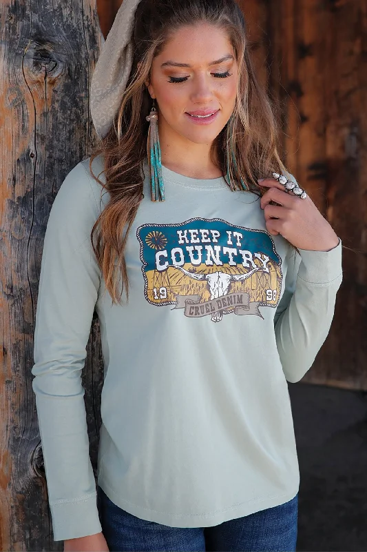 Women's Long Sleeve Keep It Country Tee - Green - (CTK7459005) Lace Blend Ribbed Blend Corduroy Blend Women's Long Sleeve Keep It Country Tee - Green - (CTK7459005) Lace Blend Ribbed Blend Corduroy Blend