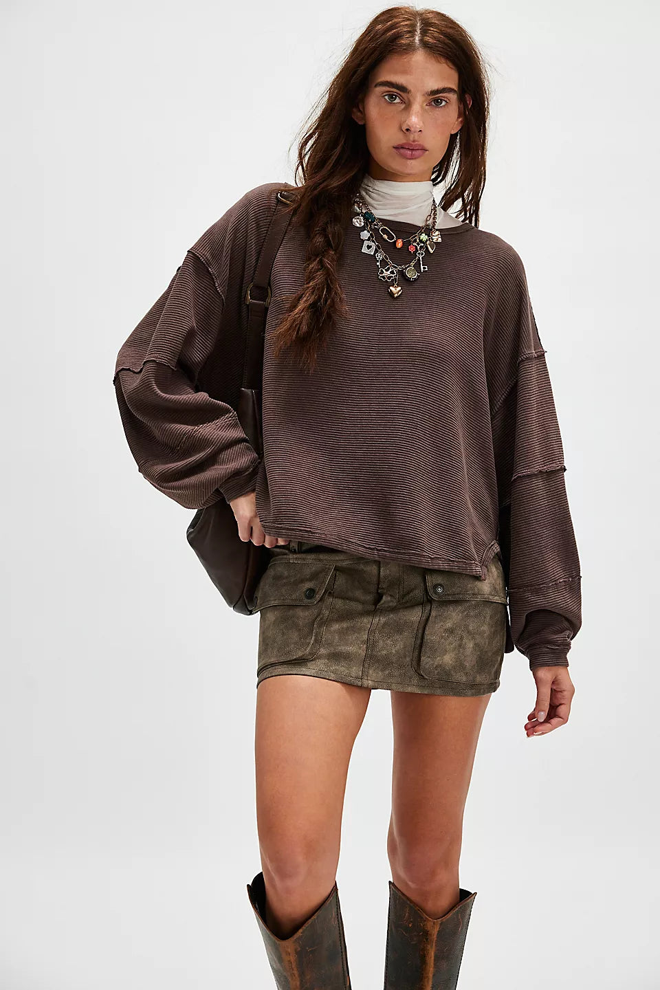 Free People We The Free Total Eclipse Tee - SHAVED CHOCOLATE Mesh Blend Leather Blend Suede Blend