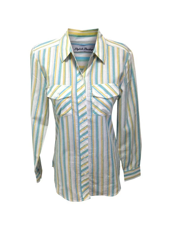 Ladies Long Sleeve, Light Weight, Cotton Stripe Shirt. Blue/White. Style# 150302A Cozy Warm Stylish