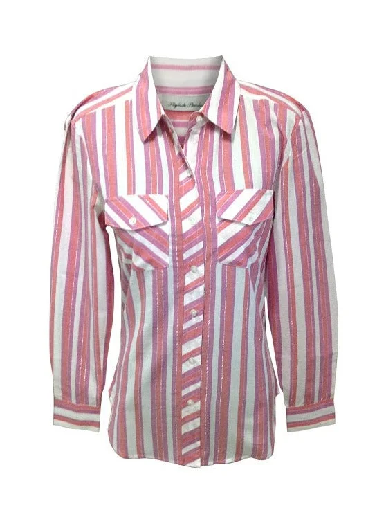 Ladies  Long Sleeve, Light Weight Cotton, Stripe Shirt.   Pink/white Style #150302F Zippered Buttoned Snapped