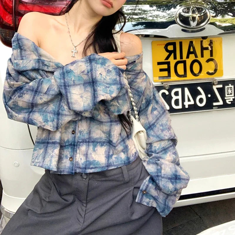 Lunivop Streetwear Contrast Color Plaid Casual Long-sleeved Shirt Women Autumn New American Off-shoulder Single-breasted Loose Tops Chenille Brocade Lace Lunivop Streetwear Contrast Color Plaid Casual Long-sleeved Shirt Women Autumn New American Off-shoulder Single-breasted Loose Tops Chenille Brocade Lace