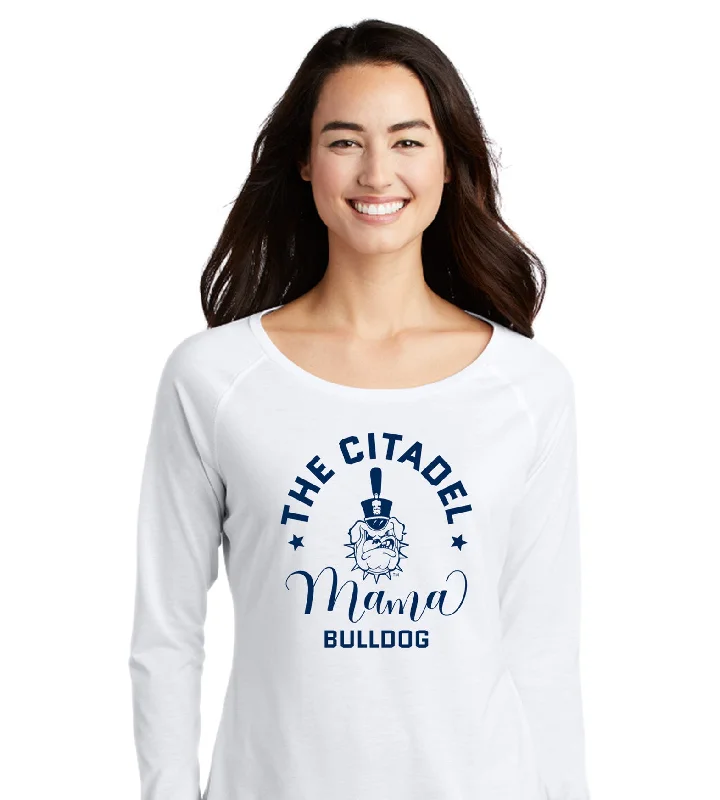 The Citadel, Mama Bulldog Spike Ladies Long Sleeve Tri-Blend Wicking Scoop Neck Raglan Tee Shirt Cotton Fabric Linen Fabric Terry Fabric The Citadel, Mama Bulldog Spike Ladies Long Sleeve Tri-Blend Wicking Scoop Neck Raglan Tee Shirt Cotton Fabric Linen Fabric Terry Fabric