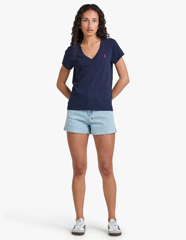 V Neck Short Sleeve T-Shirt - Cruise Navy Satin Blend Silk Blend Wool Blend