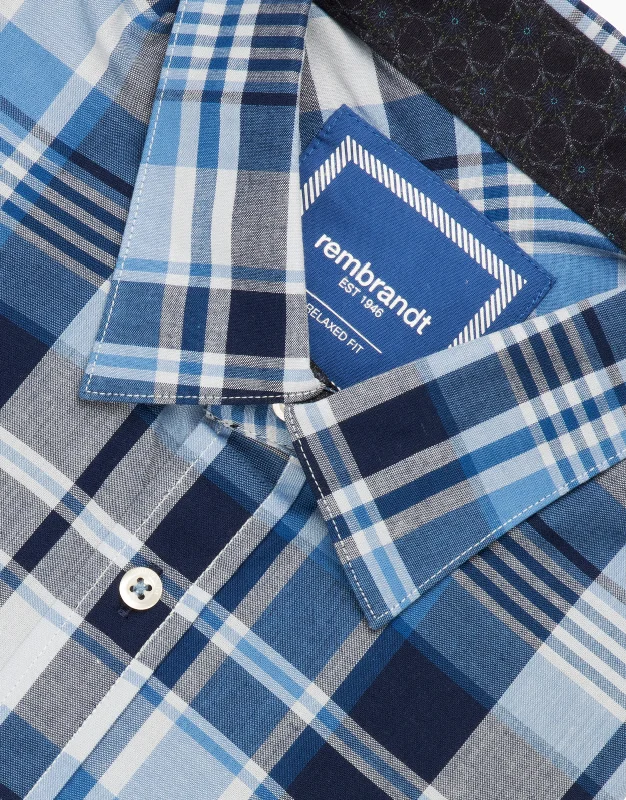 Raglan Short Sleeved Shirt - Blue & Navy Check Plaid T-Shirt Polka Dot Checkered