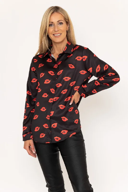 Sateen Black & Red Lip Print Shirt Elasticated Padded Insulated