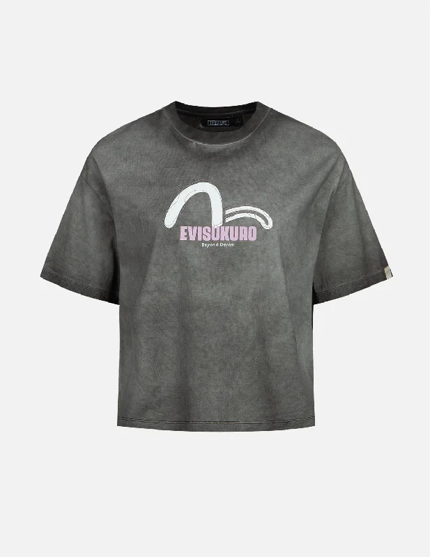 Seagull Print and Stitching Washed T-shirt Collared Crew Neck Turtle Neck
