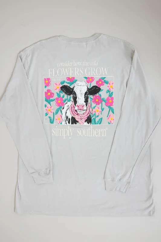 Simply Southern Plus Size Long Sleeve Flowers Cow T-Shirt for Women in White Water | EXT-LS-COW-WHITEWATER Mesh Fabric Canvas Fabric Denim Fabric