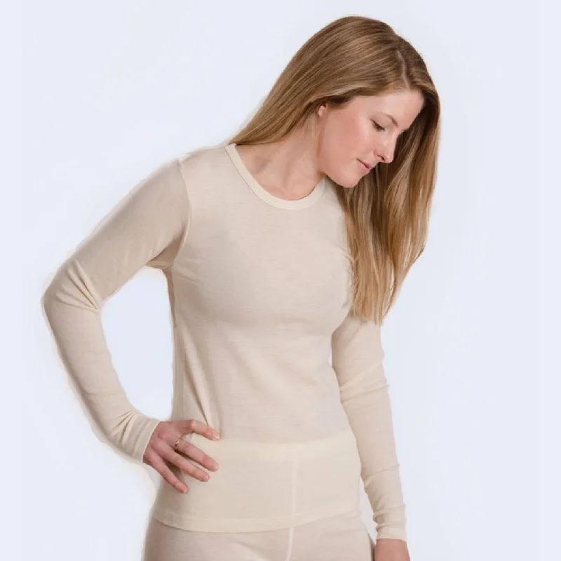 HOCOSA Organic Merino Wool Long-Sleeve Undershirt for Men or Women, Round-neck, in Natural White Striped Floral Plaid