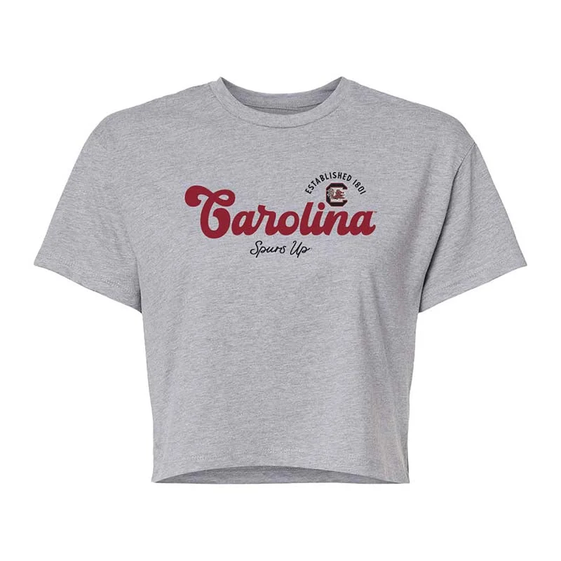USC Bubble Letters Cropped Short Sleeve T-Shirt Spandex Blend Rayon Blend Denim Blend