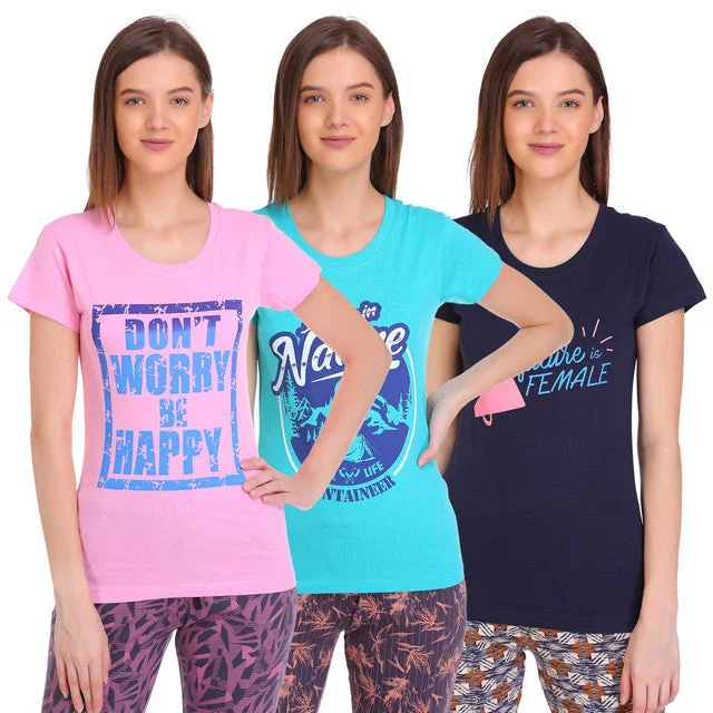 T.T. Women Slim Fit Printed Round Neck T-Shirt Baby Pink::Navy::Trqs Layered Multi-layer Single Layer