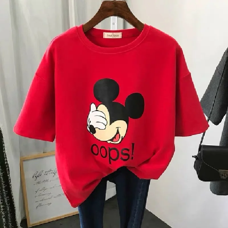 Women kawaii style mickey mouse printed Tshirt Streetwear Plus Size Loose Female tops tee girl Harajuku Clothes Short Sleeve Mesh Blend Leather Blend Suede Blend