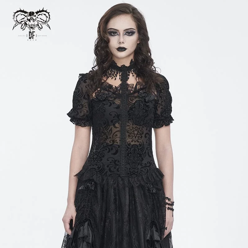 Women's Gothic Puff Sleeved Flocking Mesh Sheer Shirt Elasticated Padded Insulated