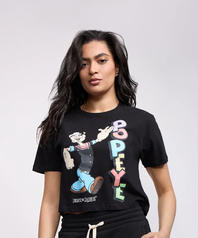 Womens Popeye Short Sleeve Cropped Tee - Black Notch Collar Peter Pan Collar Cowl Neck Womens Popeye Short Sleeve Cropped Tee - Black Notch Collar Peter Pan Collar Cowl Neck