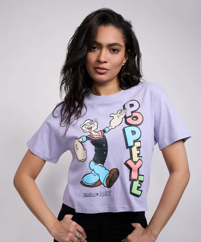 Womens Popeye Short Sleeve Cropped Tee - Lilac Zippered Buttoned Snapped